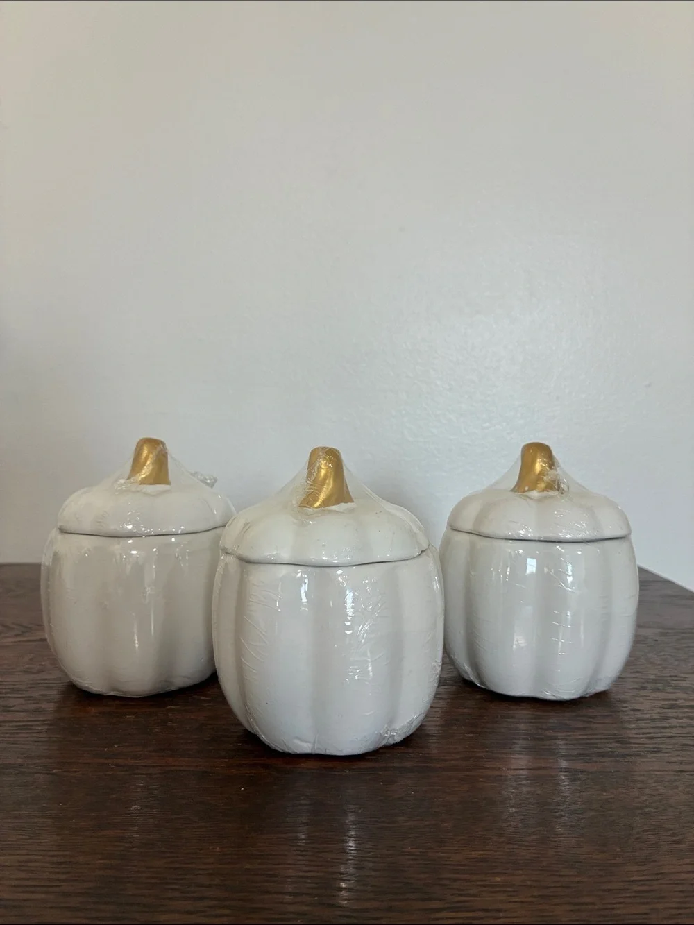NWT- Set of 3- White Ceramic Pumpkin Jars with Lid & Gold Stems